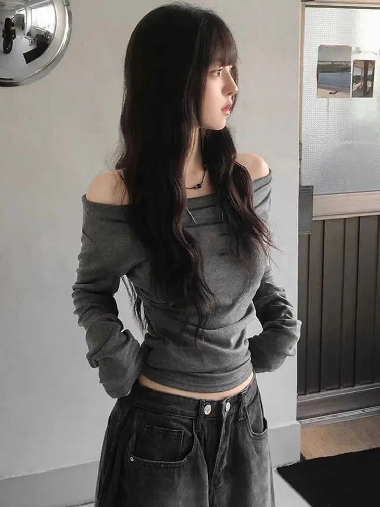 Women Draped Off Shoulder Ruched Long Sleeve T‑shirt Autumn Sweet Cool Spice Girl Cinched Waist Slim Casual Top