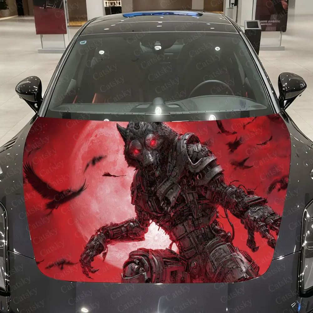 

Robotic Wolf Red Moon Auto Hood Sticker, Car Cover Decal, Waterproof and Self-adhesive Auto Vinyl Wraps, Fashionable Car Exterio
