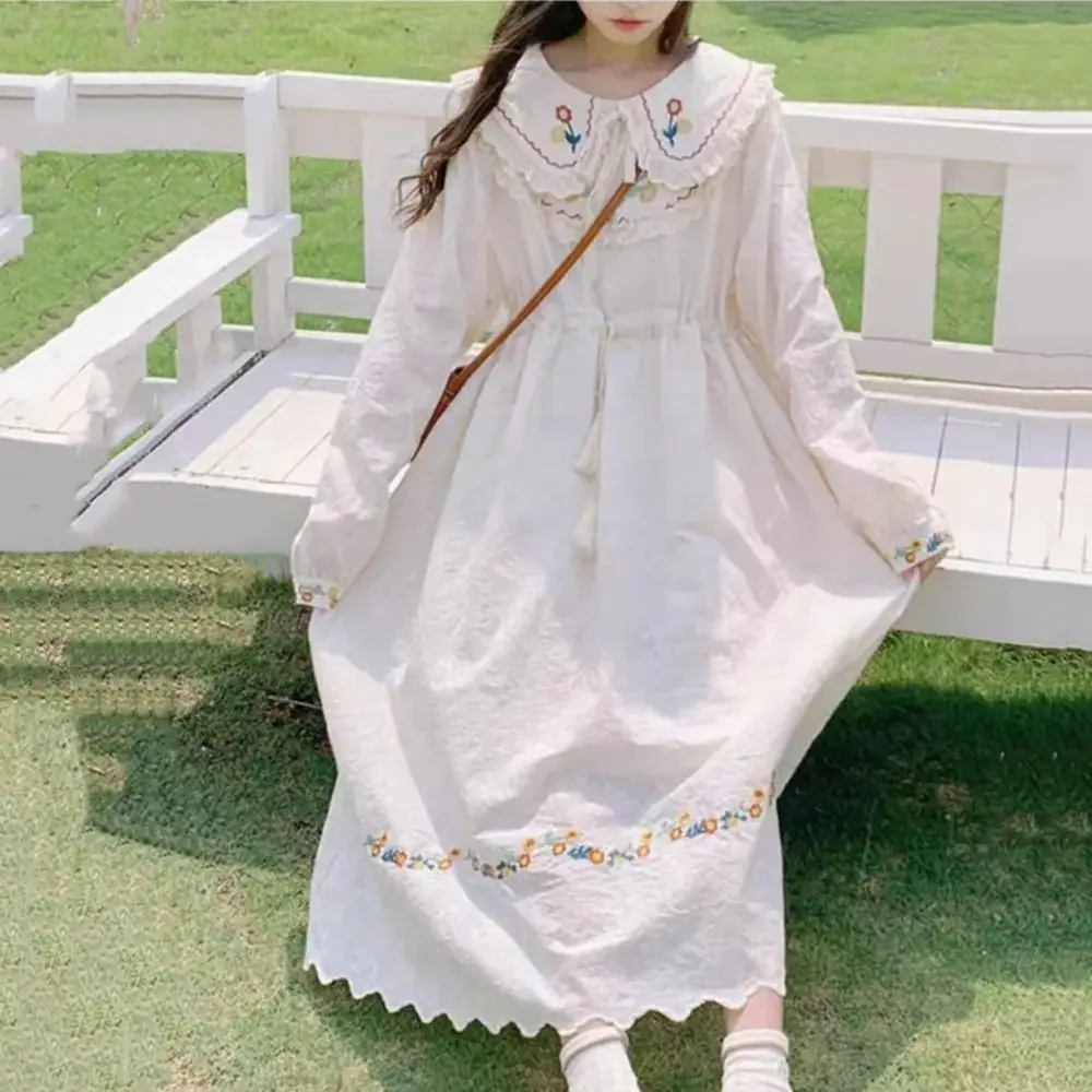 Kawaii Mori Girl Style Flower Embroidery Dress Women Summer Cute Vintage Doll Collar Half-sleeve A Line Beige Long Dress 2024