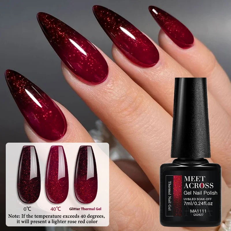 MEET ACROSS Red Glitter Thermal Gel 7ml, Color Changing Soak Off Nail Polish for Salon Home DIY Manicure, Sparkling Nail Art
