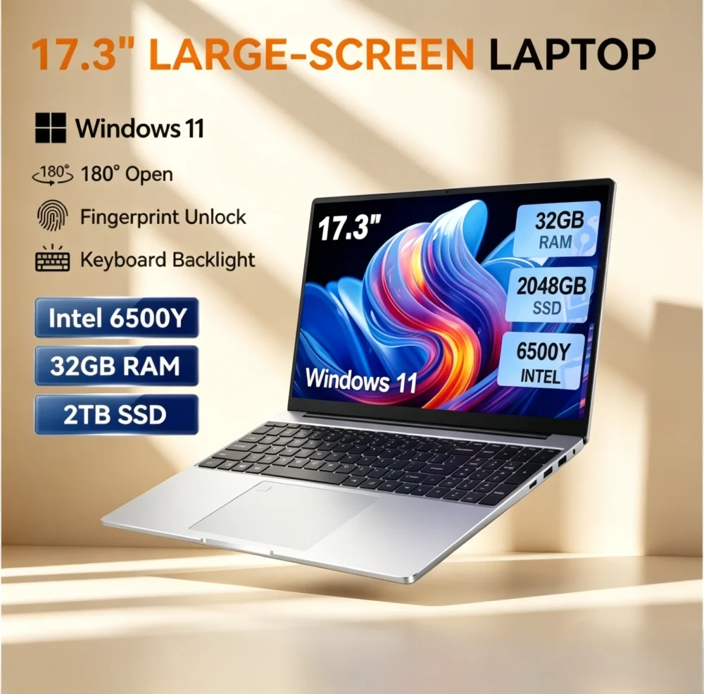 

17.3-inch Large Screen Laptop, Intel 6500Y 32GB 1TB 2TB Windows 11 Lightweight and Portable High Definition Office Notebook