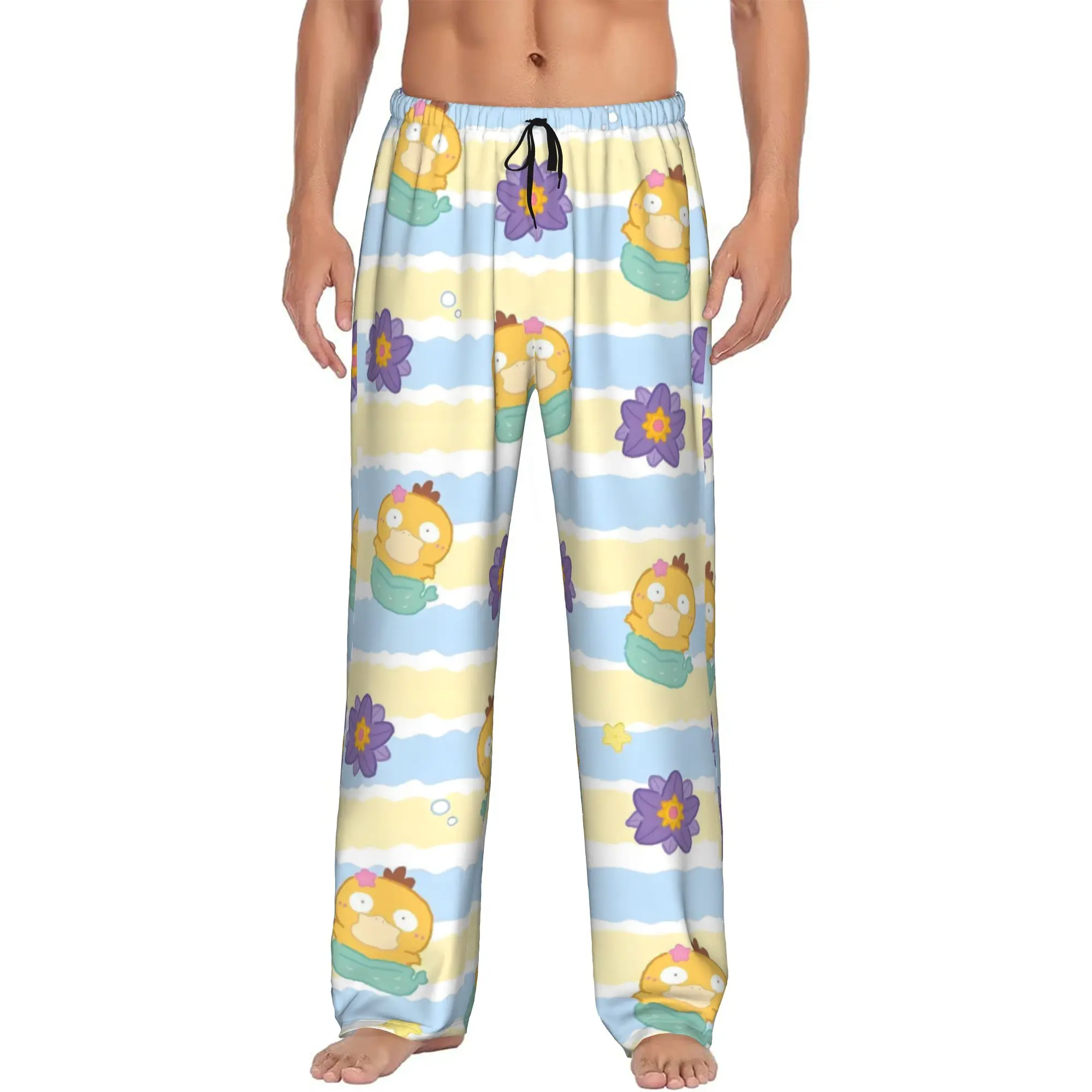 Custom P-Psyducked Cartoon Pajama Pants Men's Duck Animated Sleepwear Lounge Sleep Bottoms Stretch with Pockets