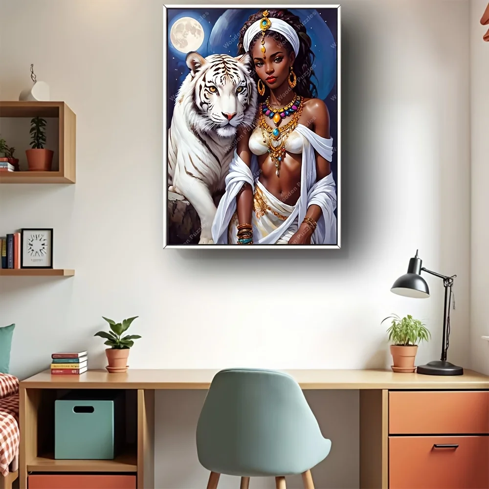 Fantasy Woman with White Tiger Under Moon Scene Jigsaw Puzzle Adult Fantasy Theme Intellectual Game Home Leisure Decorative Puzz