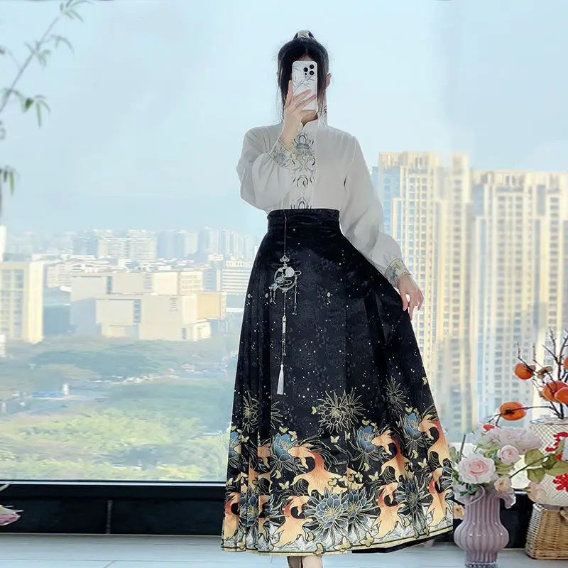 

‌Original Hanfu Set for Women - Modern Horse Face Skirt + Stand Collar Top Slimming Chinese Style Outfit Traditional Costume