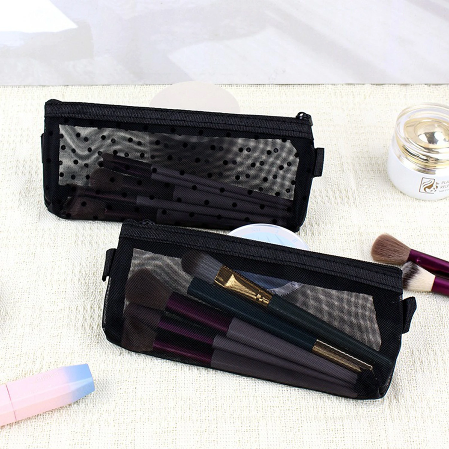 2PCS /3PCS Makeup Brush Storage Mesh Transparent Pencil Case Stationery Bag Stationery Bag Simple Large Capacity Pencil Case