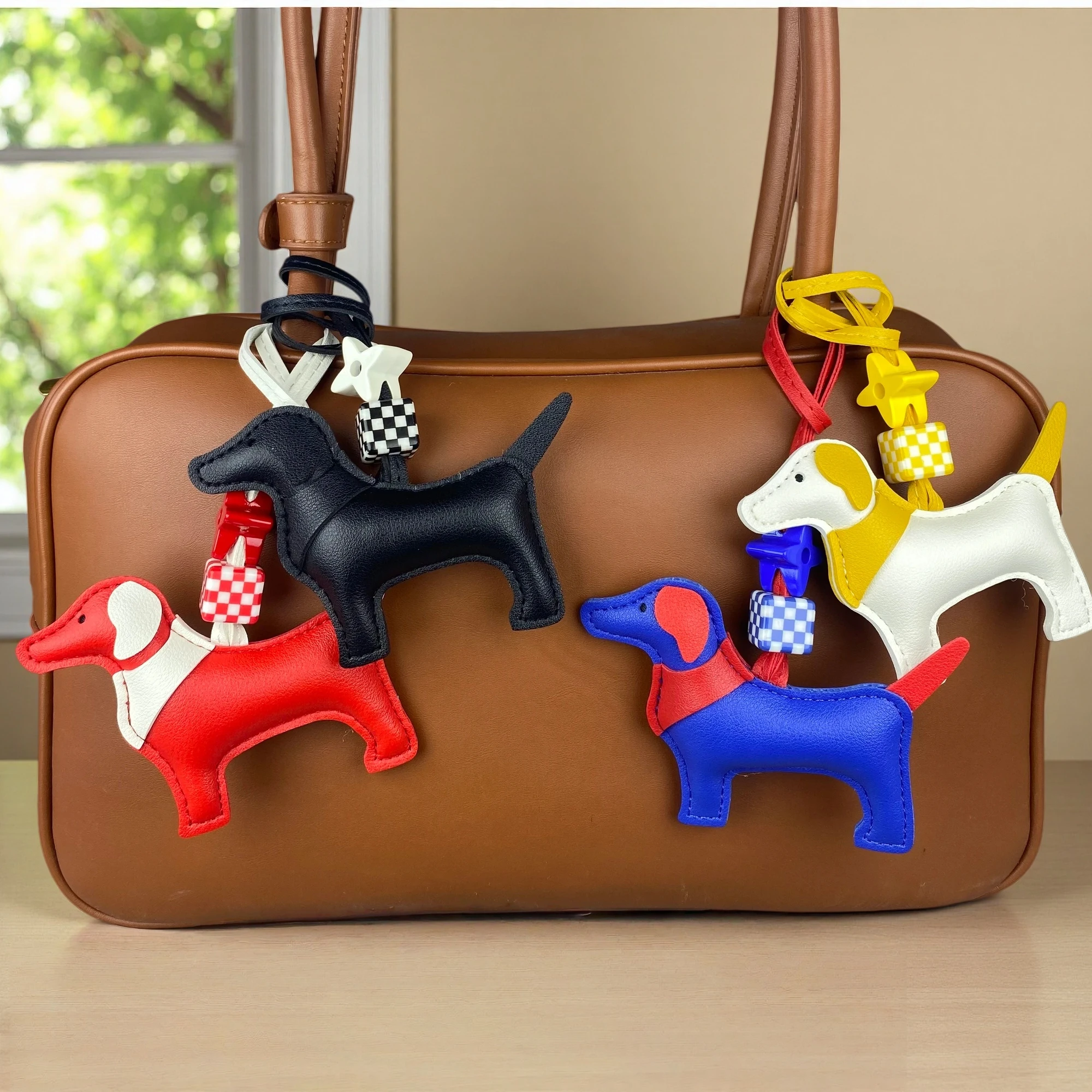 Handcrafted Leather Hound Dog Bag Charm/Keychain - Premium Craftsmanship, 7 Versatile Colors with Elegant Bead Accent-PU Leather