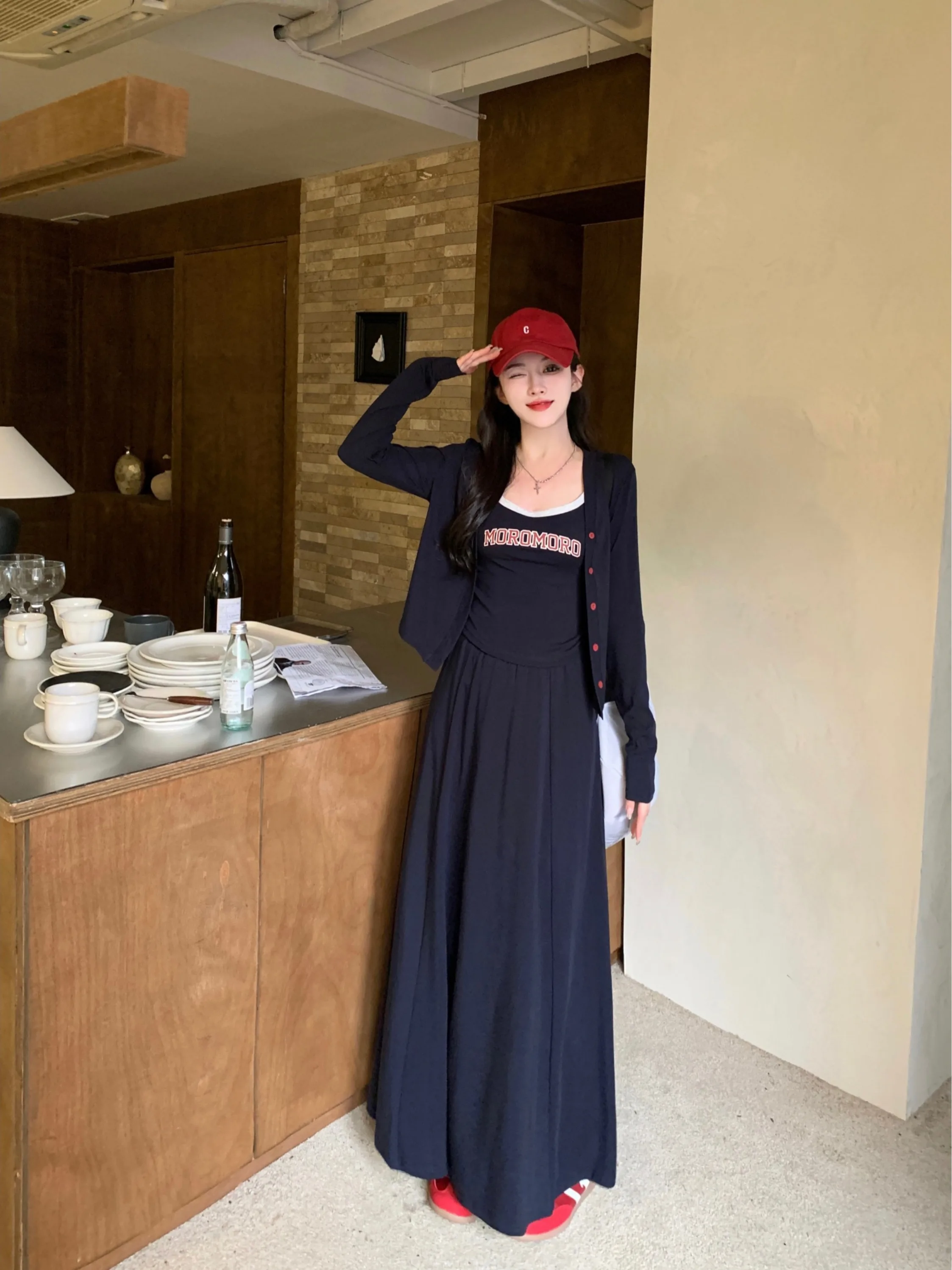 

plus Size Casual Set Early Autumn New Letter Print Halter Top Cardigan Outerwear Midi Skirt Korean Style Slim Fit High Waist