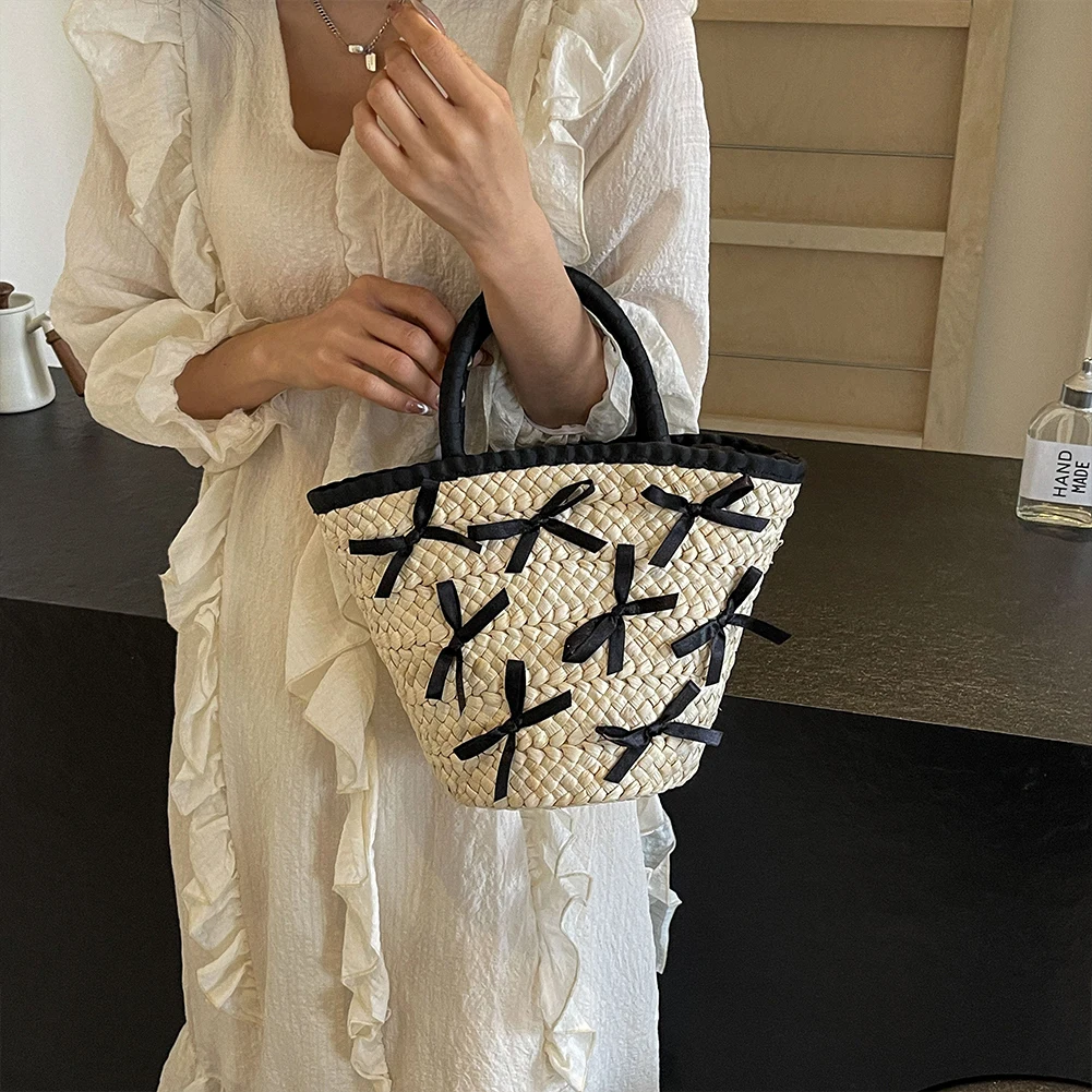 Women Woven Handbags Large Capacity Bow Woven Tote Bag Weaving Beach Bow Totes Patchwork Drawstring Closure for Outdoor Travel