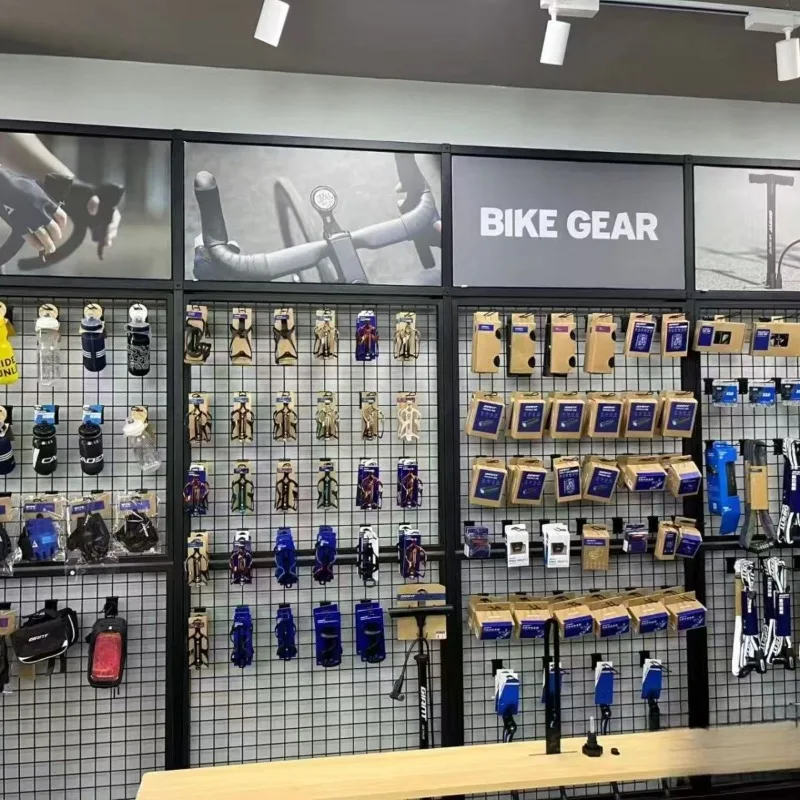 Bicycle store product accessories display stand, wall mesh accessories rack, car store helmet hanger product display stand
