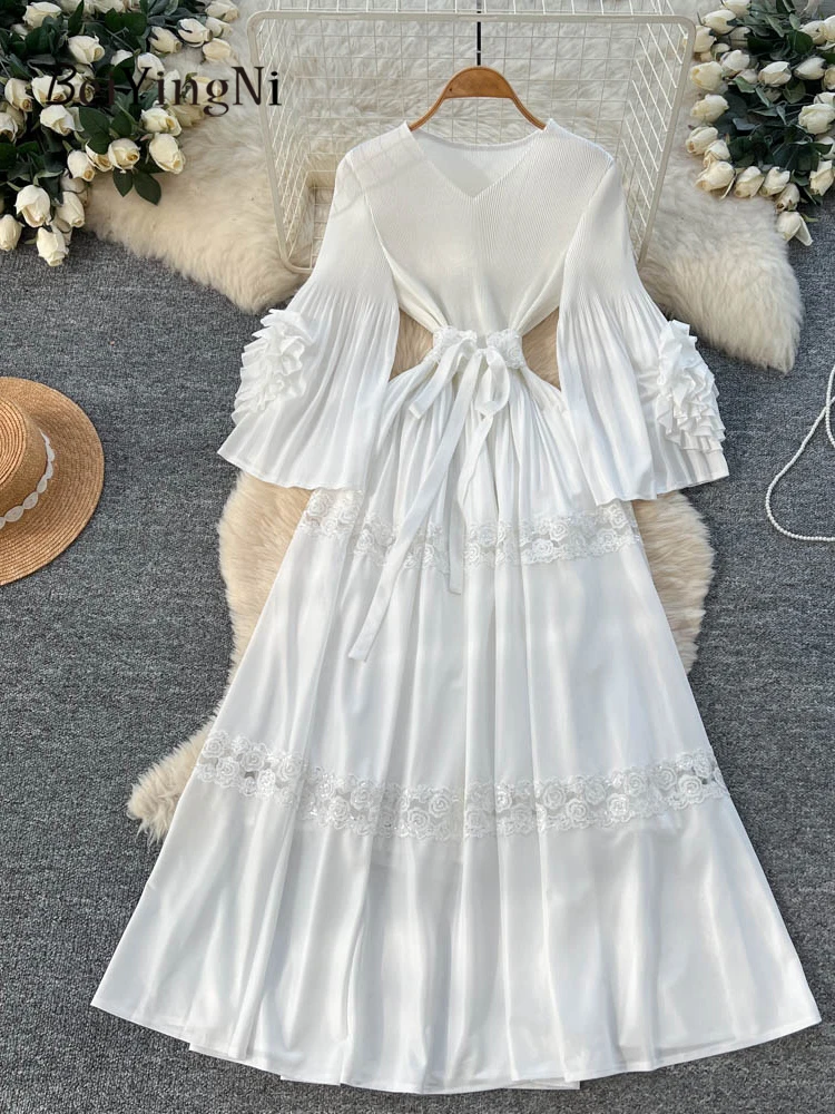 

Beiyingni винтажное классическое повседневное длинное платье женское с поясом кружевное лоскутное французское вечернее плиссированное платье макси женские цветы Vestido