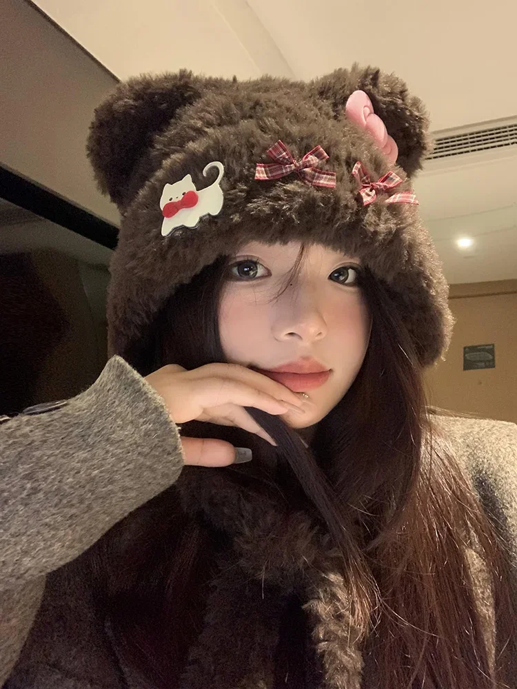 

Cute bear ears cat bow plush hat women's autumn and winter warm ear protection Lei Feng hat show face small hats