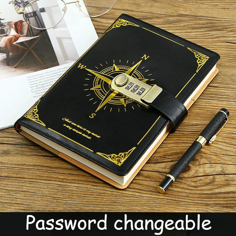 2025 New A5 Retro Password Book with Lock Creative Simple Literary Traveller Compass Handbook Gift Box Set Suitable for Gifts