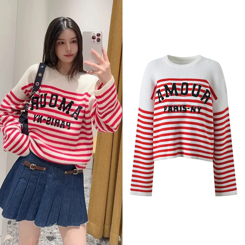 

High-End Version European Design Casual Striped Color Block Knitted Long Sleeve round Neck Women's Top Elegant Loose Fit Knit...