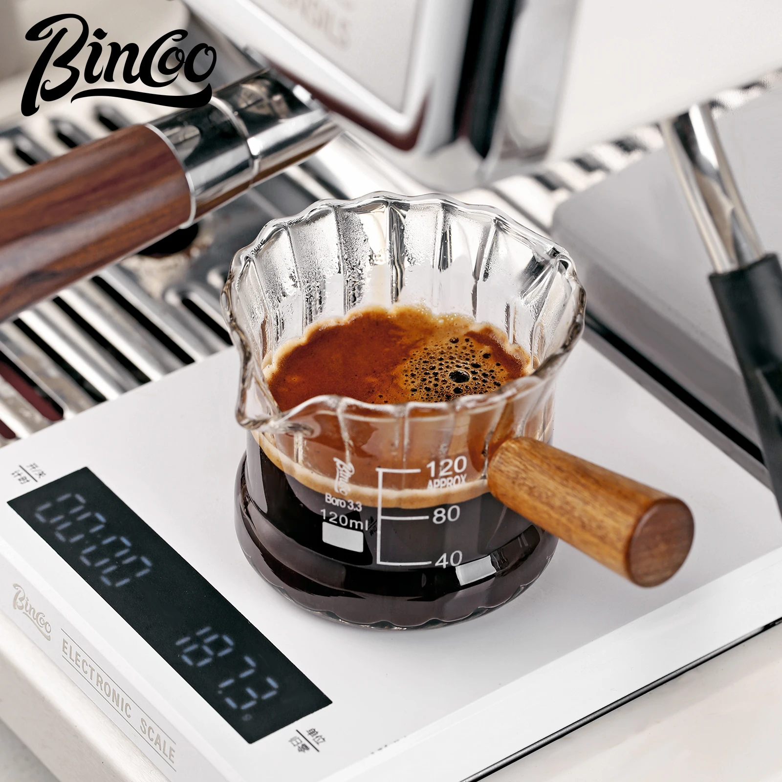 

Bincoo 160ML Glass Espresso Coffee Measuring Cup Wood Handle Double Mouth Milk Coffee Clear Mug Coffee Supplies