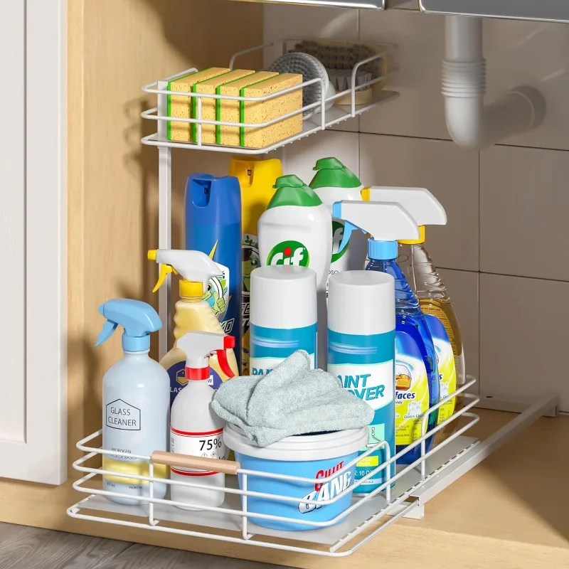 Under Sink Organizers and Storage, Pull Out Bathroom Kitchen Cabinet Organizers and Storage, 2-Tier White Under Sink Shelf