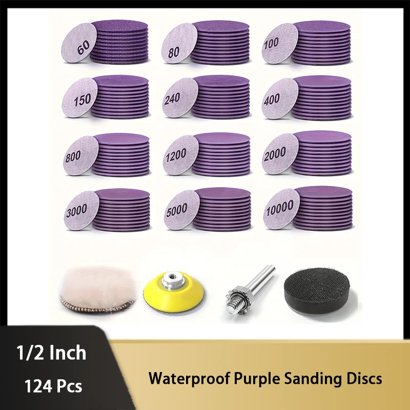 

124 Pcs Wet and Dry Sandpaper Kit 1/2Inch with Sanding Block Interface Pad for Drill Grinder Rotary Tools and Wood Metal Jewelry