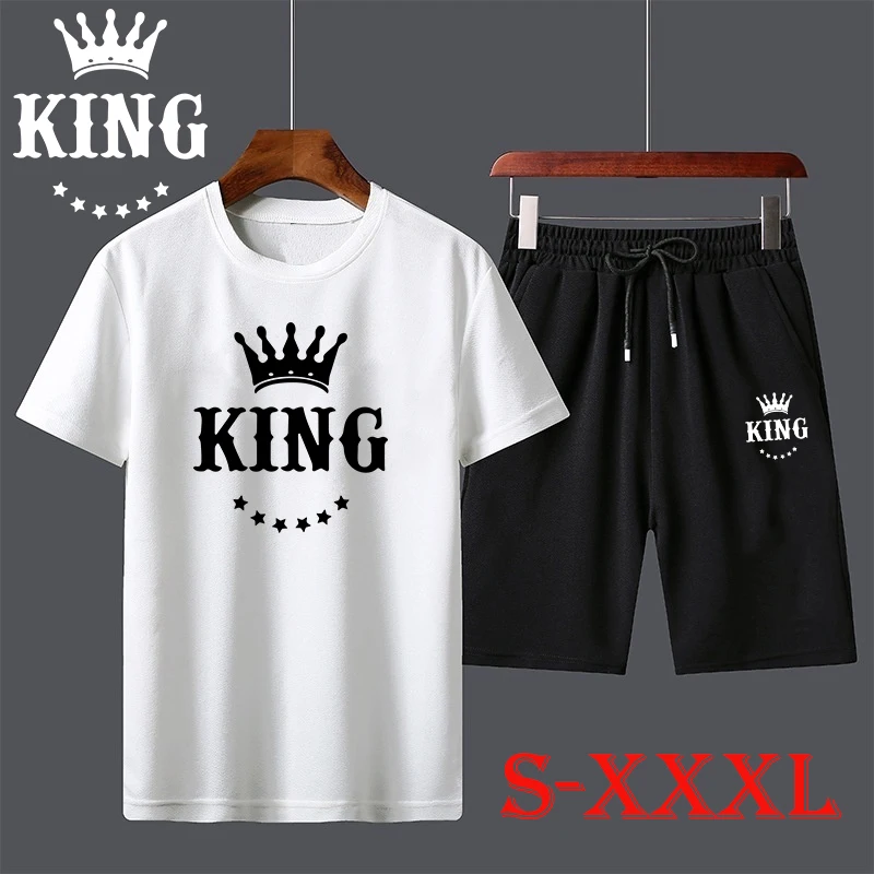 New Summer King Print Men\'s T-shirt Suits Short Sleeve Cotton T-shirt Short 2 Peices Set Tracksuits Jogging Suit 6 Colors