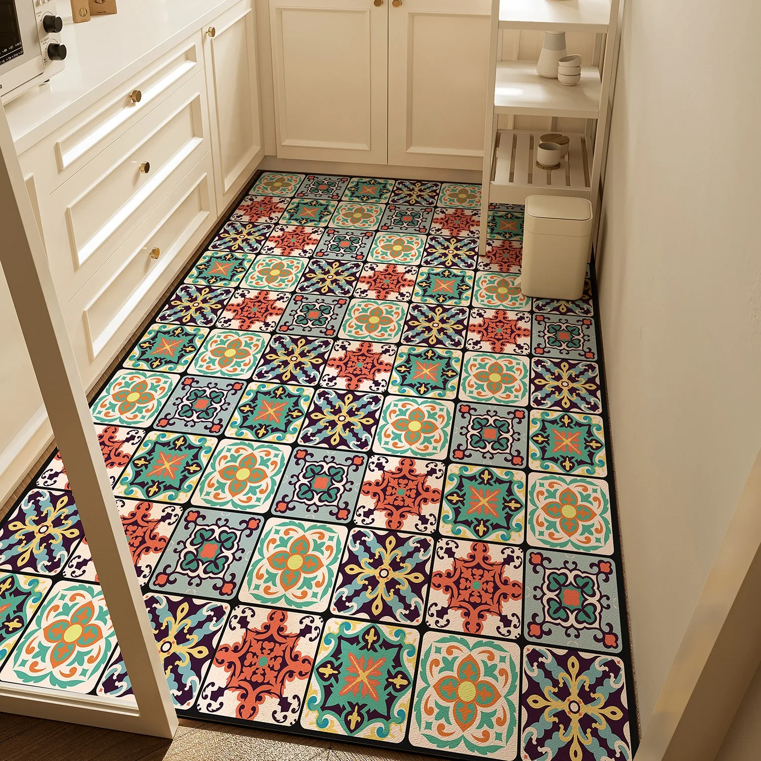 Vintage Azulejo Tile BOHO Kitchen Floor Mats PVC Leather Anti-slip Carpet Dirty Resistant Easy Clean Rugs Balcony Mat 주방매트 바닥매트