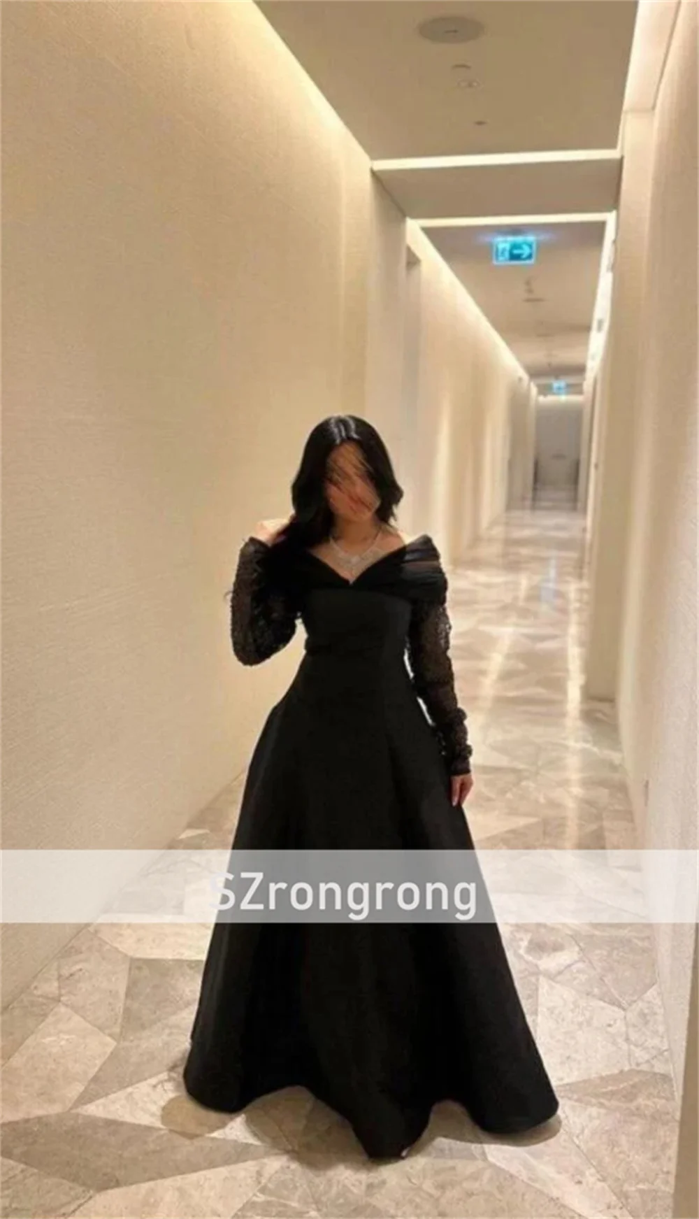 Vestido de noche de novia de satén con cuello en V, sencillo, corte en A, largo hasta el suelo, vestido de fiesta con manga larga, vestido saudí personalizado