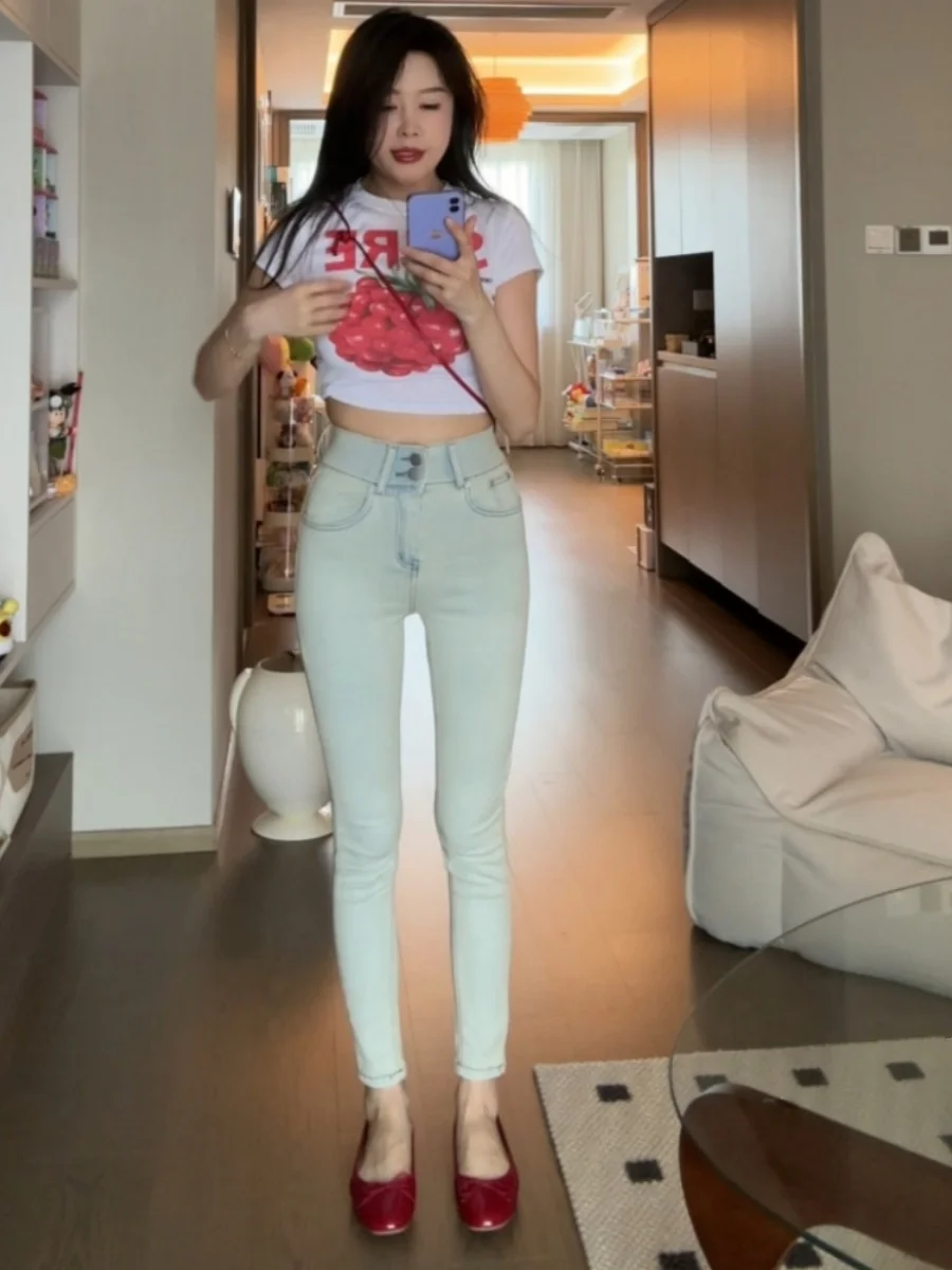 

High Waist Stretchy Faded Waed Slim Fit Women's Jeans Retro Sle Cotton Denim Blue Color Versatile Nine Points Pencil Legs