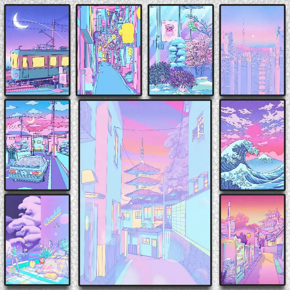 80s Neon City Street Vaporwave Canvas Posters Japan Street Moon Anime Decoration Painting Wall Art Print Kids Kawaii Room Decor