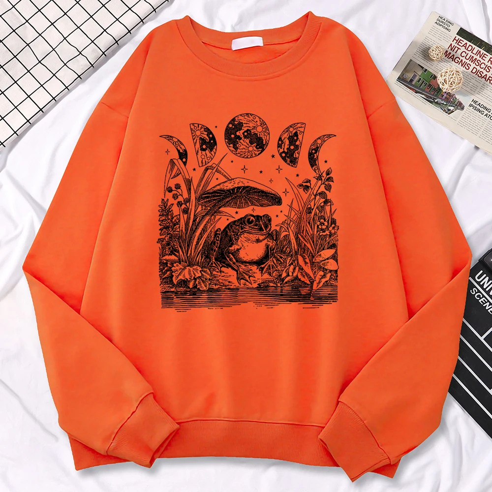 Fashion Casual Womens Pullover Cute Cottagecore Aesthetic Frog Fantasy Print Hoodies Loose Crewneck Sweatshirts Warm Fleece Tops