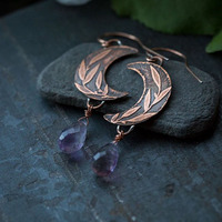 Vintage Red Copper Color Moon Leaf Purple Stone Carving Dangle Earrings for Women Jewelry