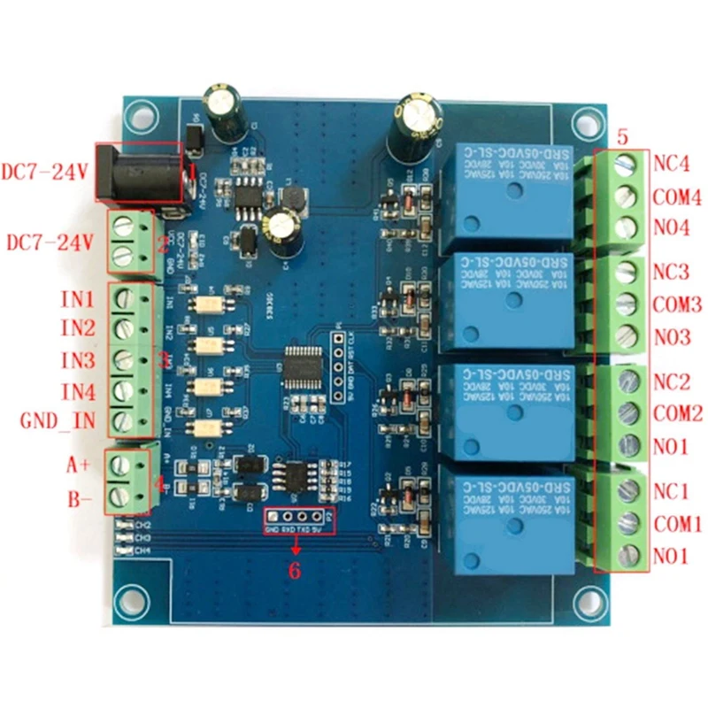 3X Modbus RTU 4 Way Relay Module 7-24V Relay Module Switch RS485/TTL Input And Output With Anti Reverse Protection