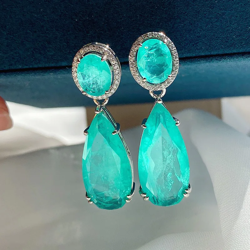 925 Silver Needle Retro Large Water Drop Earrings for Women Simulation Paraiba Tourmaline Emerald Wedding Big Earrings Jewelry