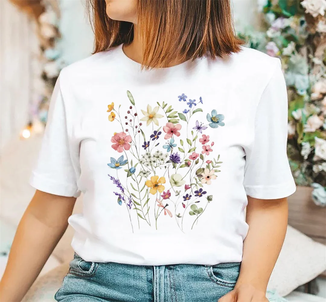Short Sleeved Printed Hummingbird and Flower Pattern Cute Women's Casual O-Neck Cartoon Printed Top Basic Women's Clothing T-Shi