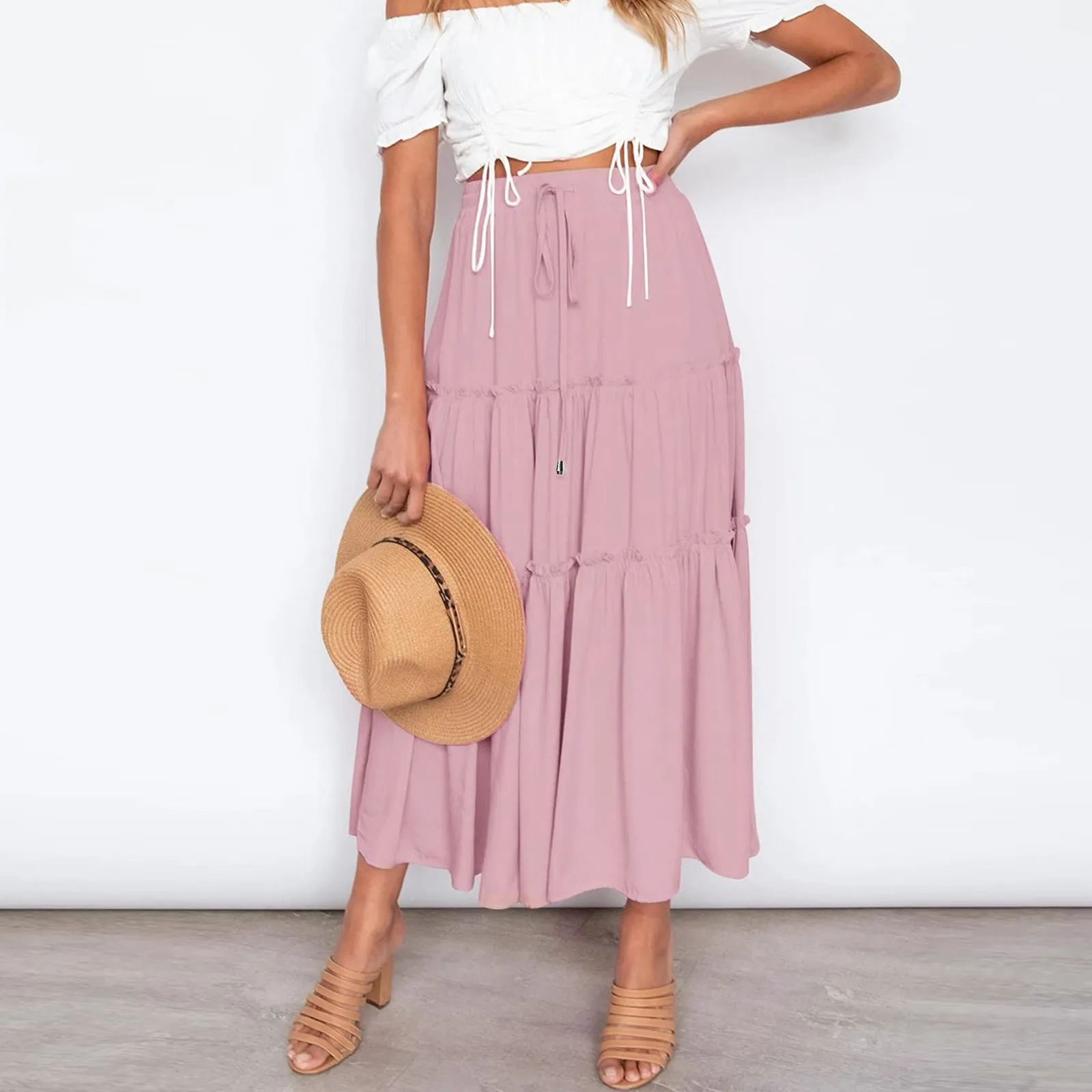 High Waist Boho Maxi Half Skirts Women Summer Fashion Pleated A-line Long Skirt Female Autumn Casual Beach Streetwear faldas