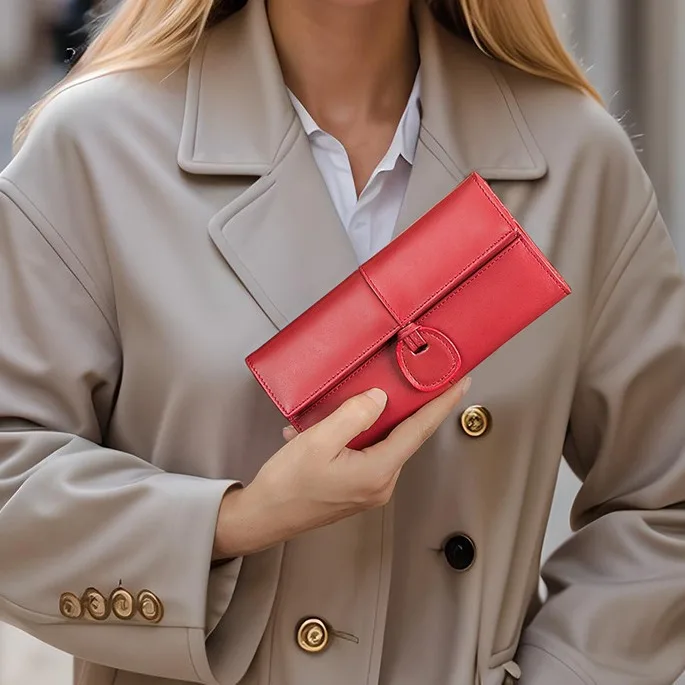 Luufan Genuine Leather Women's Clutch Wallet Card holder Business Long Purse Cow Leather Female Evening Trifold money clip