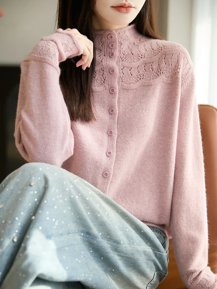 

Sweet Sle High Collar Knitted Woolen Cardigan Women's Hooked Hollow out Sweater Jaet Agel Gentle Top Soft Fabric Long ...