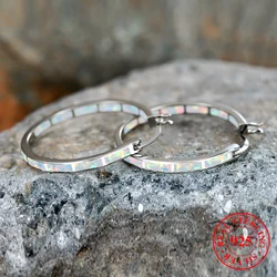 Boho Female White Blue Fire Stone Real Sterling Silver Hoop Earrings For Women Dainty Bridal Round Wedding Jewelry