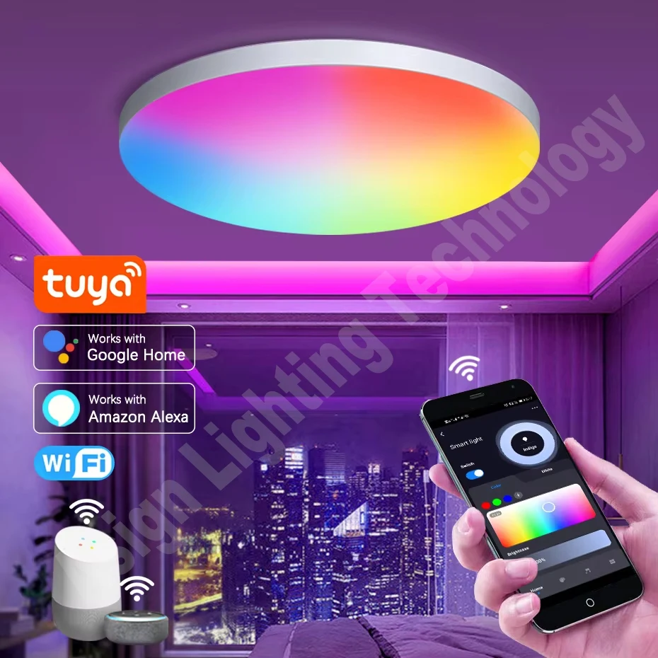 

Tuya Smart WIFI светодиодные потолочные светильники 220 В 40 Вт RGB с регулируемой яркостью голосовое управление RGB + WW + CW DIY потолочный светильник работает с Alexa Google