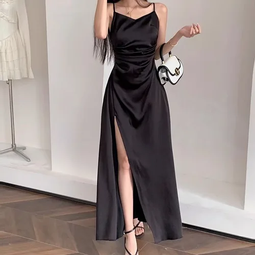 Xpqbb 블랙 새틴 여성 드레스, 우아한 스파게티 스트랩, 사이드 스플릿 파티 원피스, 한국 백리스 슬링 롱 원피스, 여름