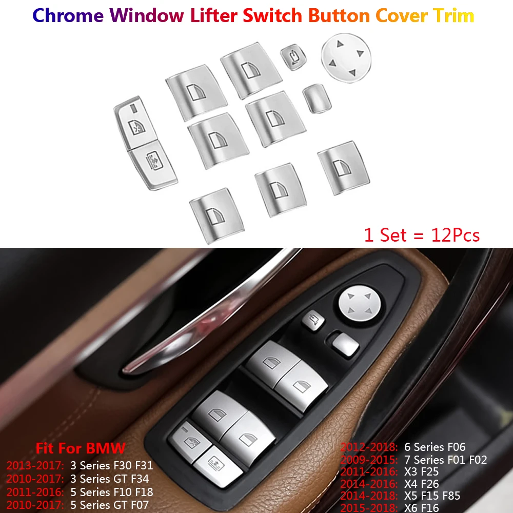 

12Pcs Window Lifter Switch Button Cover Trim For BMW 3 5 5GT 6 7 X3 X4 X5 X6 F30 F31 F10 F07 F06 F12 F01 F02 F25 F26 F15 F16 F13