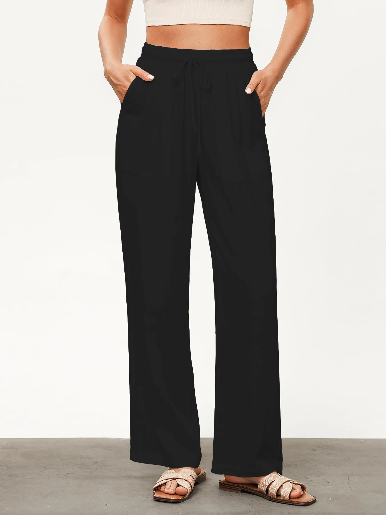 Einfarbige, lockere, weit geschnittene Hose für Damen, lässige, gerade Hose mit Kordelzug, lässige Hose mit Taschen, lockere Hose mit hoher Taille – Detail 2