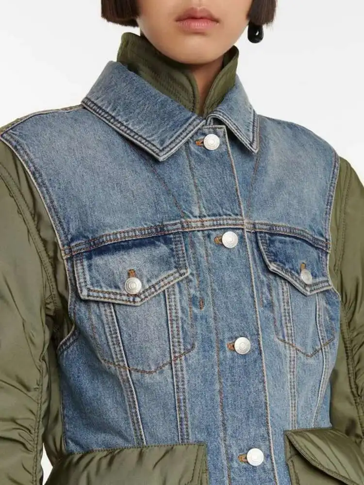 ZMEENNA Womens Color Block Denim Jacket Unique Design Casual Long Sleeve Coat Stylish Patchwork Outerwear Fashion Top ZM752