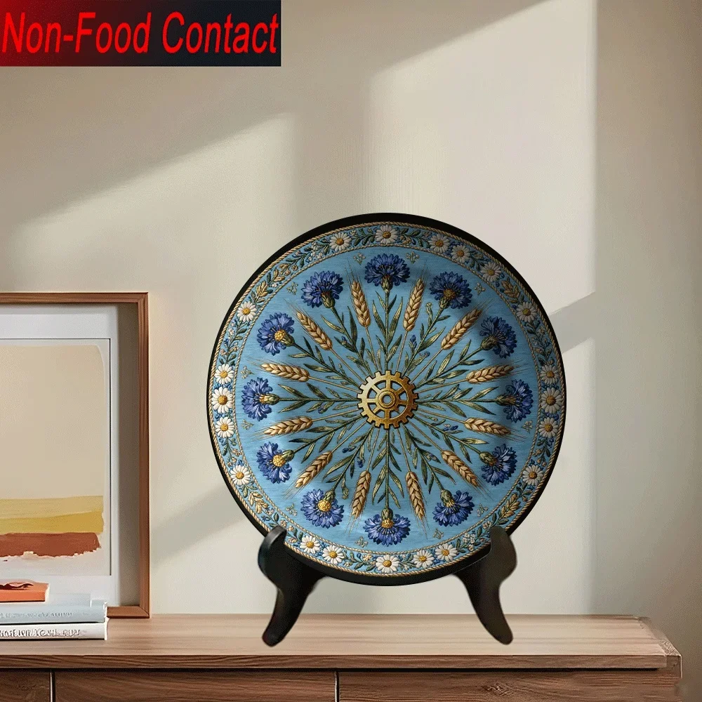 1pc Elegant Blue & Golden Floral Ceramic Decorative Plate - Non-Food Contact Tabletop Decor with Intricate Floral Patterns,