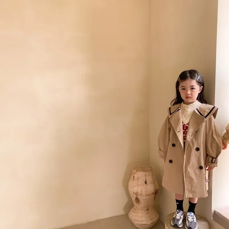 Children Trench 2024 Spring Autumn Boys Girls Korea Solid Color Long Trench Fashion Casual Turn Down Collar Girls Trench Coat