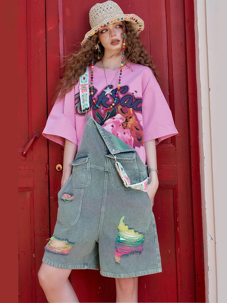 

Elegant Summer Denim Shorts Women's High Waist Strapped Woven Hole Design Jeans Short Pants Casual Comfortable Loose Fit