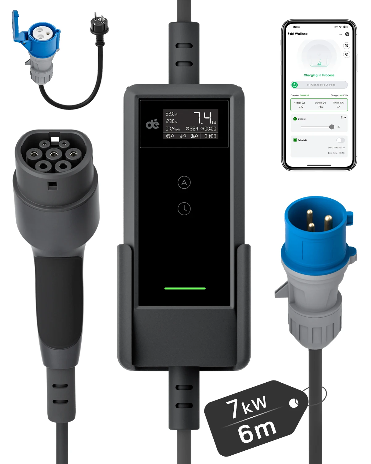 dé Typ 2 EV-Ladegerät 7,4 kW tragbar 32A 1-phasig Tuya Smart APP-Steuerung V2 Elektroauto-Ladegerät 6m 8m 10m 15m 20m 25m Ladekabel