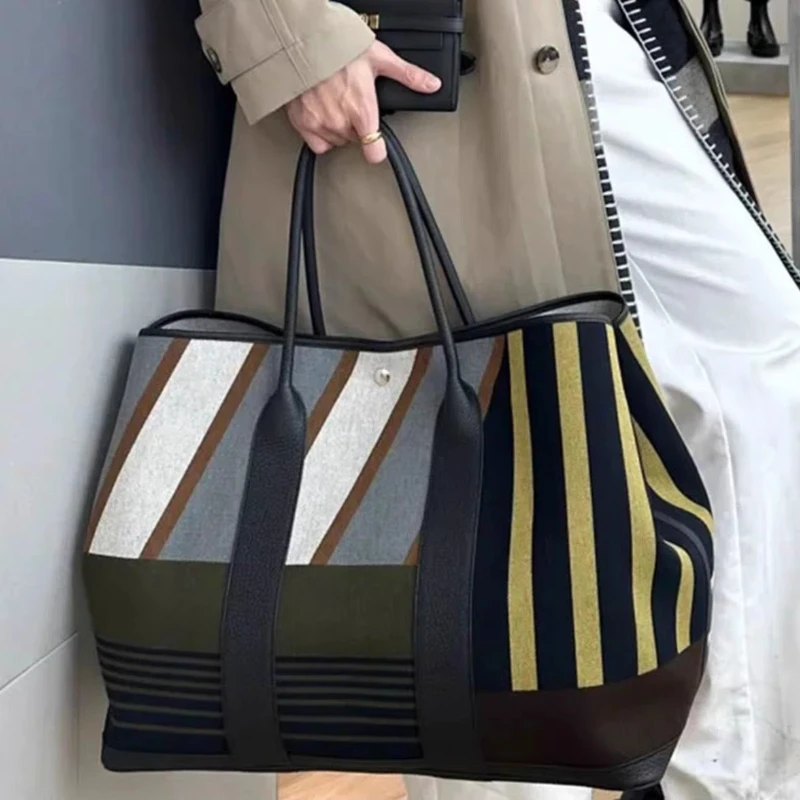 

Luxury Striped Canvas Tote Bag with Leather Trim and Rolled Handles, Large Garden Party Shopping Bag in High Quality Materials