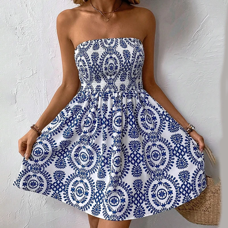 Mode Blauw Gedrukt Vrouwen Strapless Mini Jurk 2023 Zomer Nieuwe Slash Hals Backless Vestidos Elegante Dame Eenvoudige A-lijn Jurk