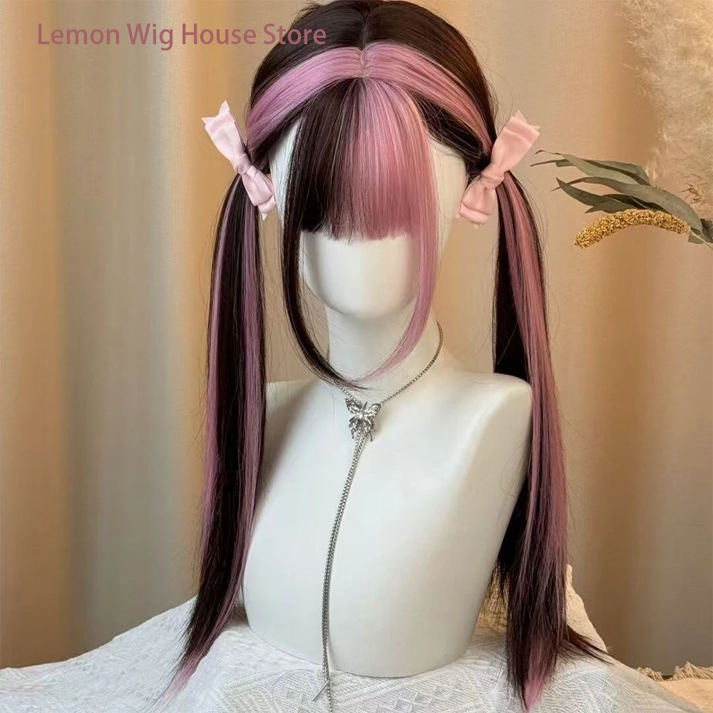 Picture 5: Black Ombre Pink Lolita Wig with Bangs Synthetic Straight Hair Natural Layered Wigs for Women Daily Cosplay Wig Heat Resistant