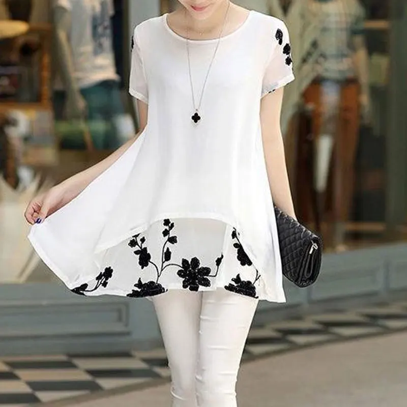 Casual Stylish Floral Embroidery T-shirt Summer Short Sleeve Loose Female Clothing Patchwork All-match Korean O-Neck Pullovers