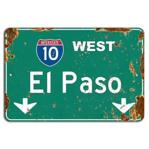 Rustic El Paso I-10 West: Vintage Highway Sign-Aluminum