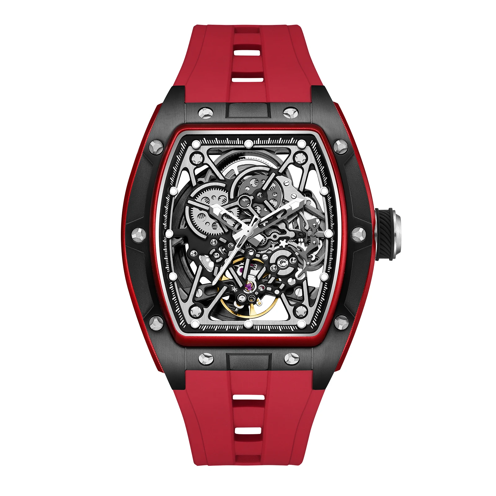 Men Automatic Watch Tonneau Mechanical Wristwatch 3Bar Luminous Hollow-out Dial Durable Silicone Strap Automatic Watch