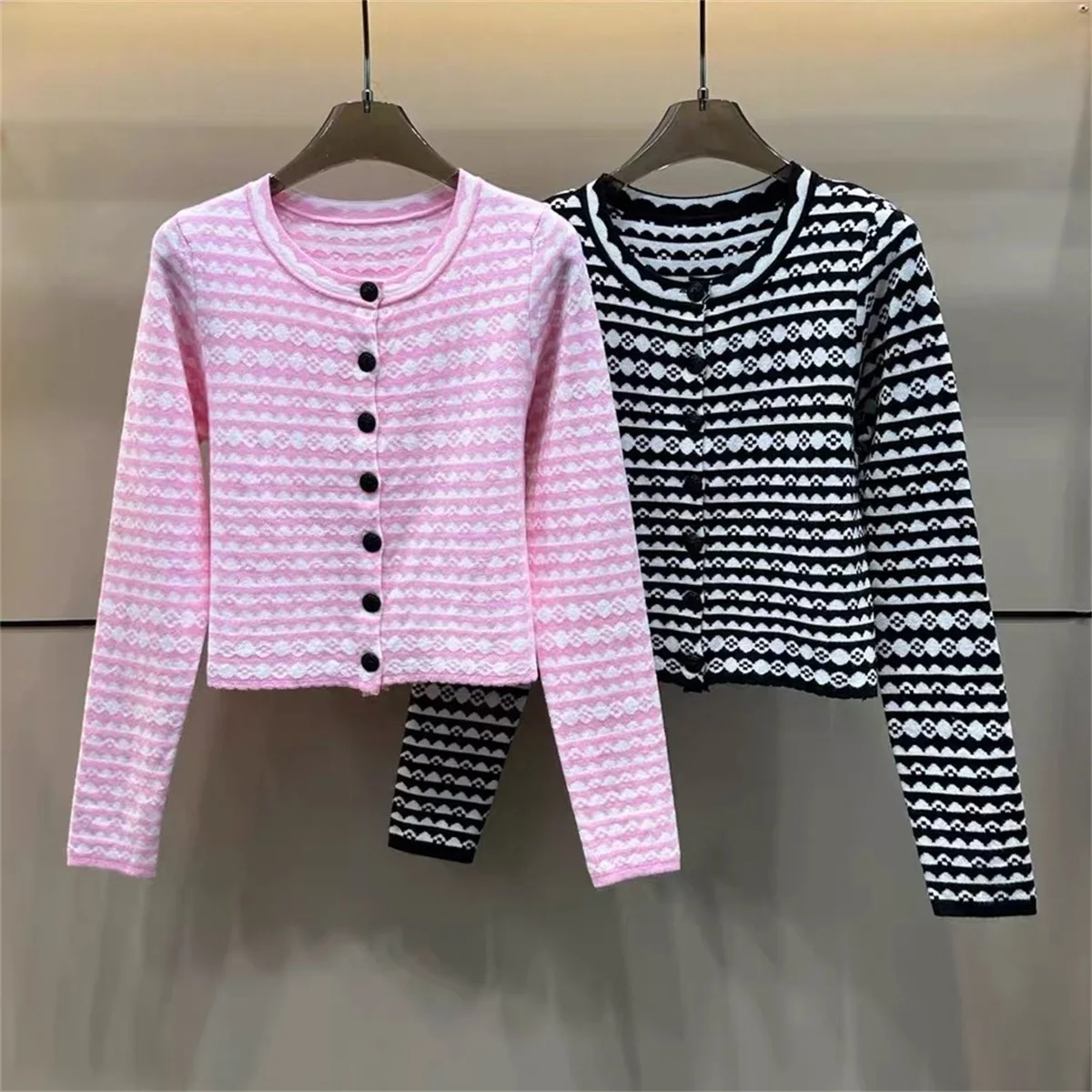 

Осенний мягкий розовый милый полосатый вязаный кардиган с вышивкой, женский корейский модный однобортный облегающий топ